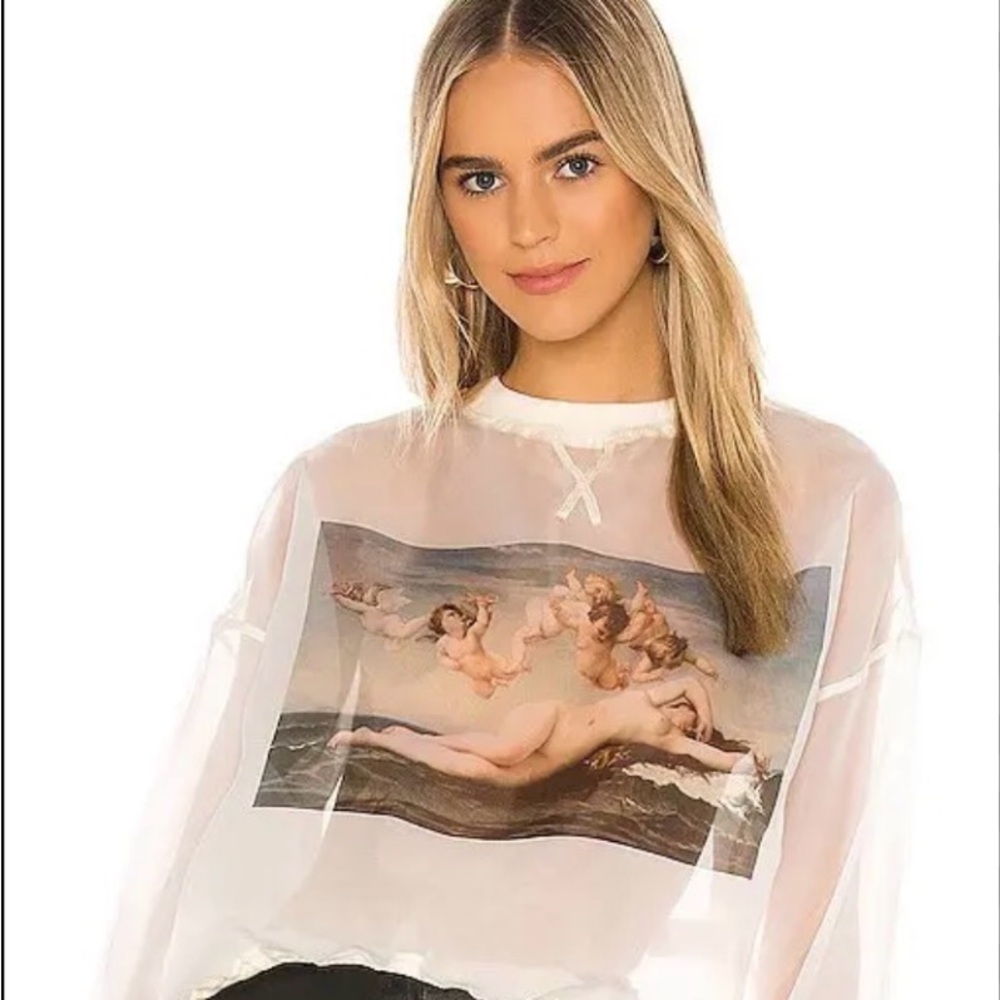 Selkie Sheer White Long-Sleeve Top with Classical Art Print